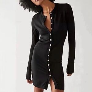 We The Free Black Long-Sleeve Button-Front Ribbed Dress